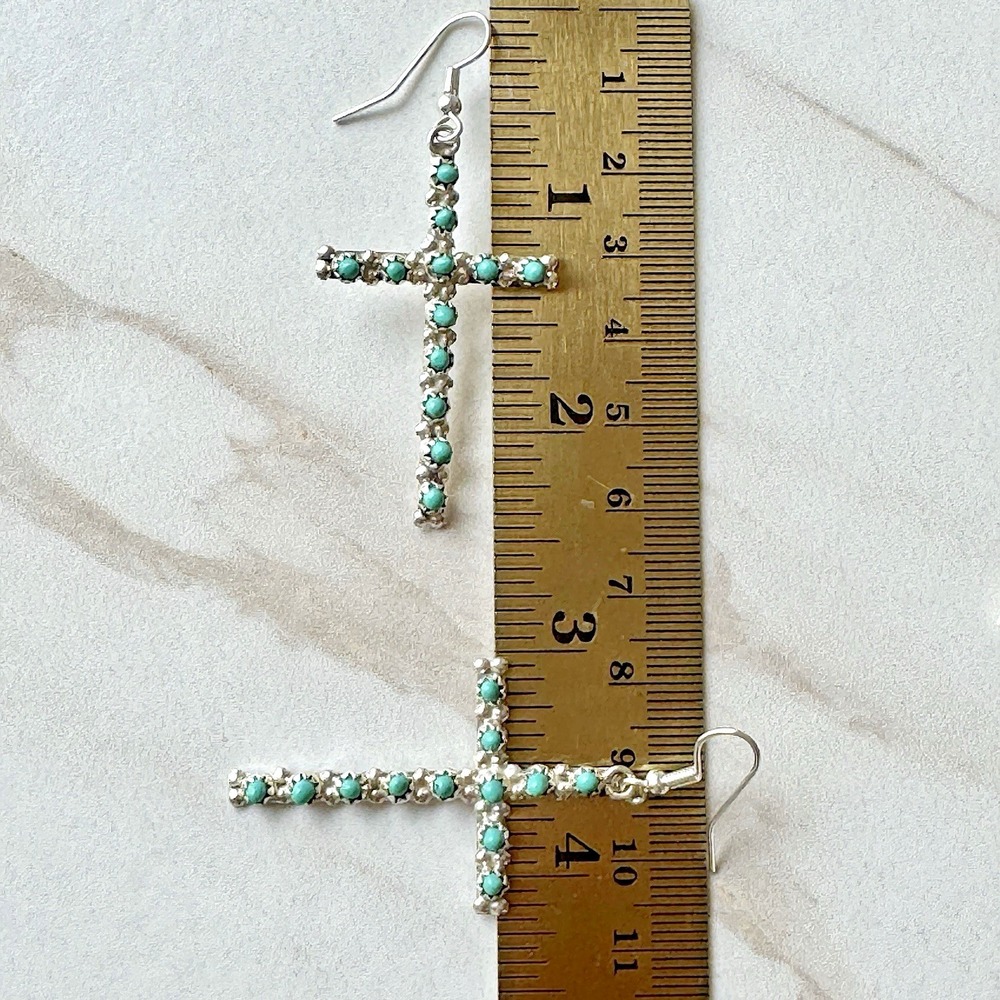 Native American Cross Earrings Zuni Sleeping Beauty Turquoise Sterling Silver - Picture 6 of 8